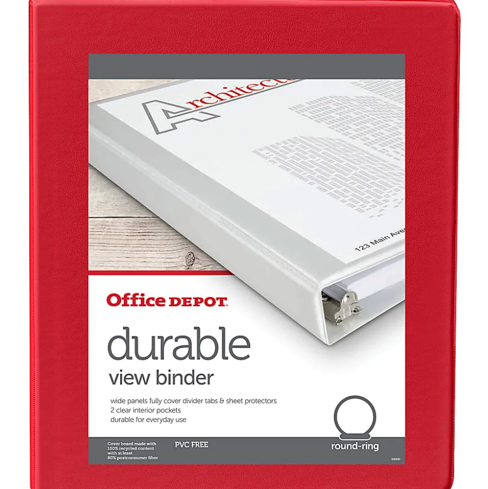 Office Depot® Brand 3-Ring Durable View Binder, 1/2" Round Rings, Red