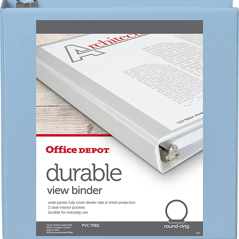Office Depot® Brand 3-Ring Durable View Binder, 2" Round Rings, Baby Blue