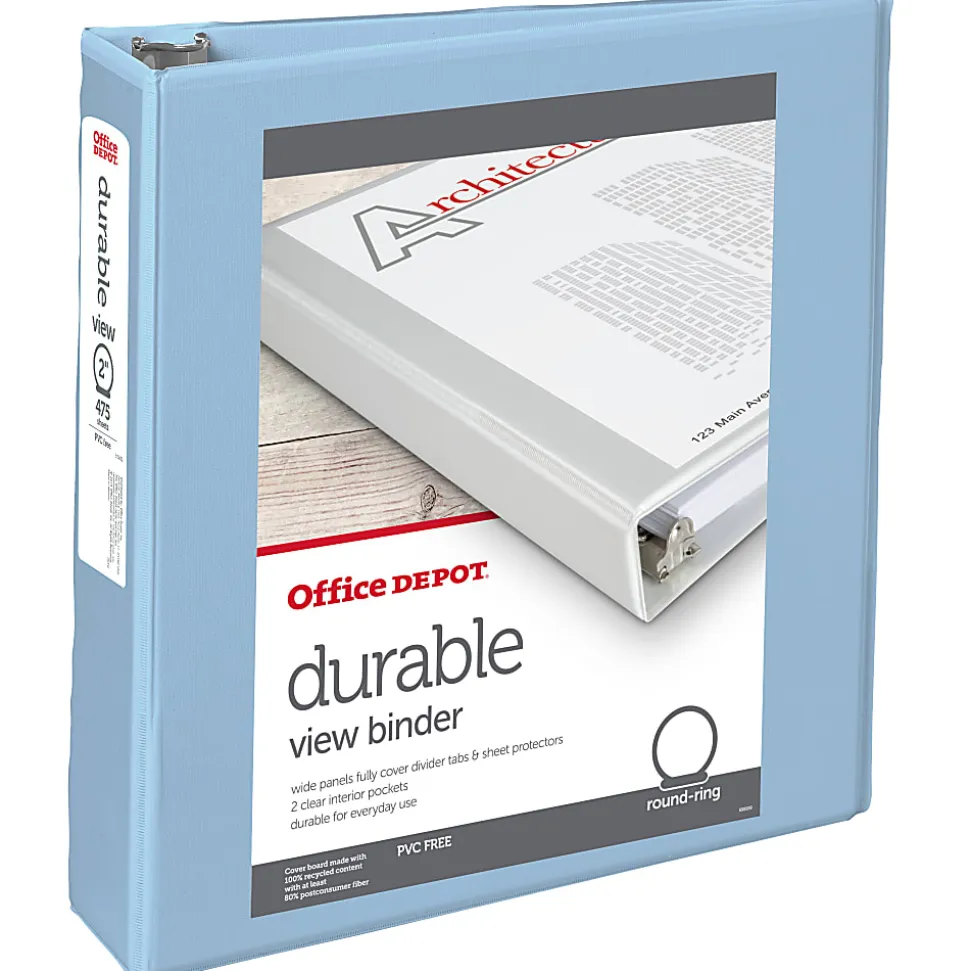 Office Depot® Brand 3-Ring Durable View Binder, 2" Round Rings, Baby Blue