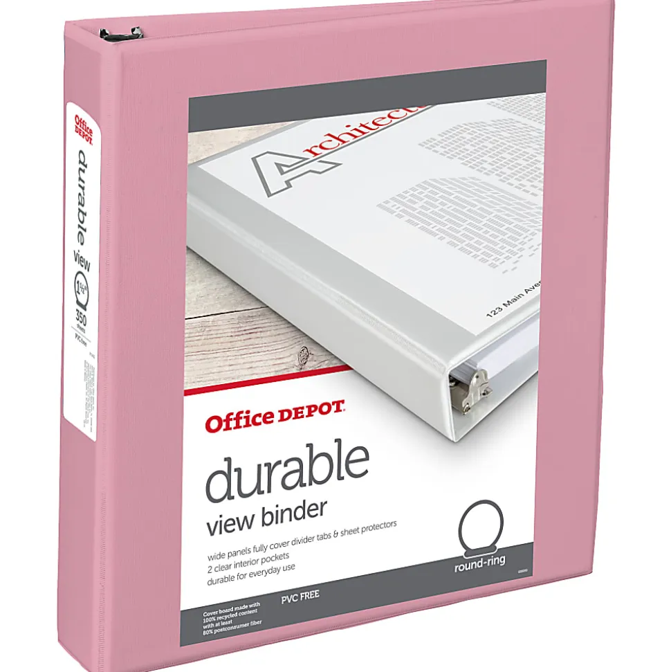 Office Depot® Brand 3-Ring Durable View Binder, 1-1/2" Round Rings, Pink
