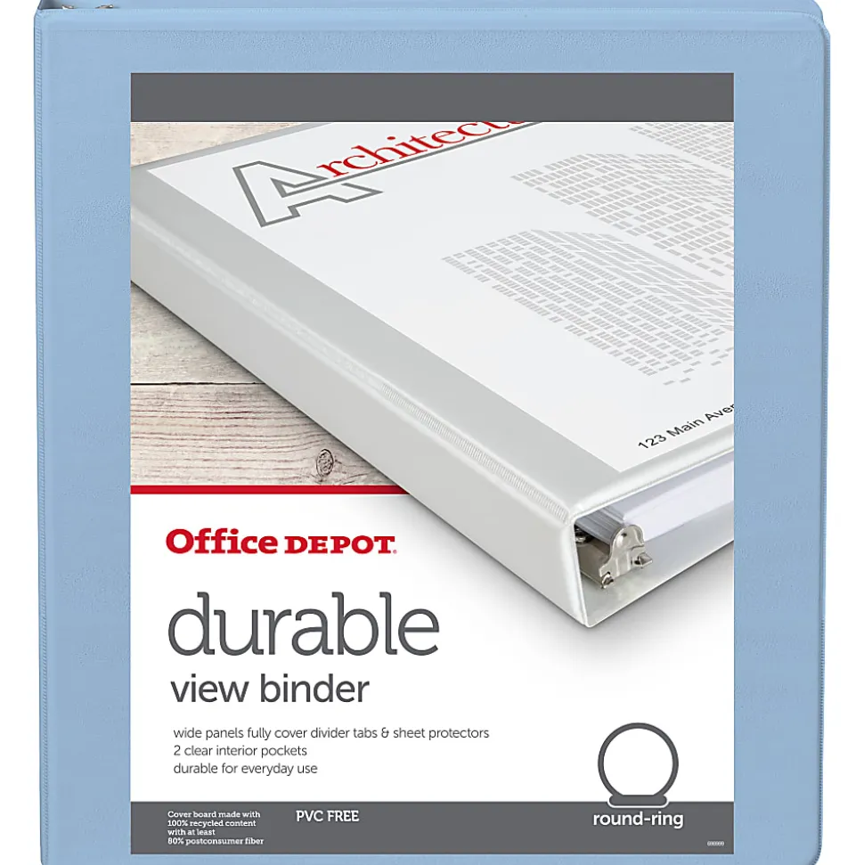 Office Depot® Brand 3-Ring Durable View Binder, 1" Round Rings, Baby Blue