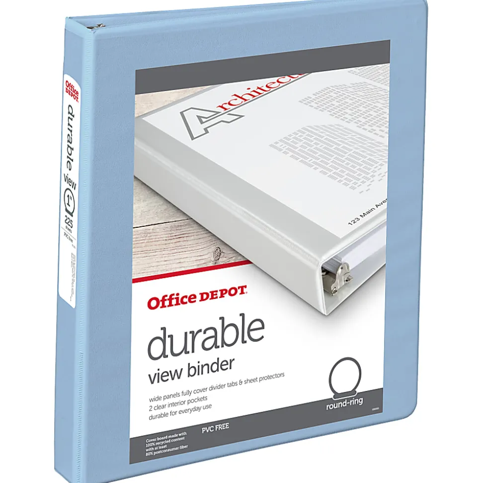 Office Depot® Brand 3-Ring Durable View Binder, 1" Round Rings, Baby Blue