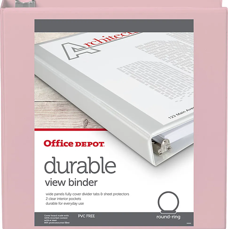 Office Depot® Brand 3-Ring Durable View Binder, 2" Round Rings, Blush