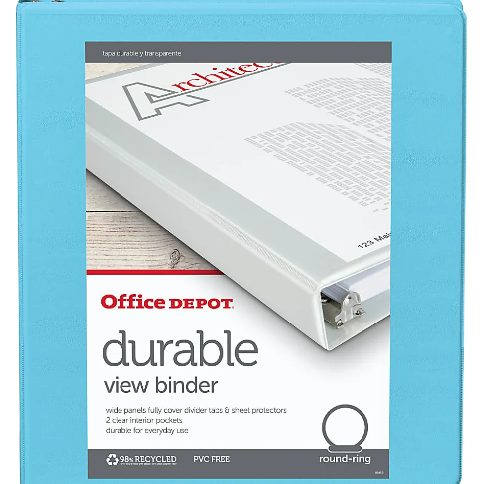 Office Depot® Brand 3-Ring Durable View Binder, 1" Round Rings, Jeweler Blue