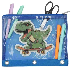 Office Depot® Brand 3-Ring Puffer Pencil Pouch, 7-7/8" x 10", Blue/Dino