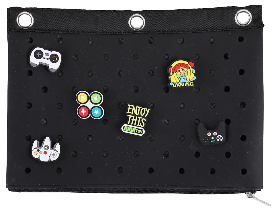Office Depot® Brand 3-Ring Silicone Pencil Pouch With Charms, 7" x 9-13/16", Black
