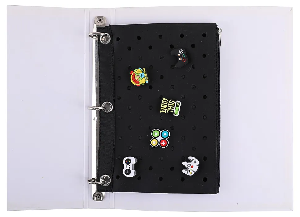 Office Depot® Brand 3-Ring Silicone Pencil Pouch With Charms, 7" x 9-13/16", Black
