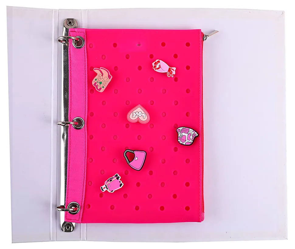 Office Depot® Brand 3-Ring Silicone Pencil Pouch With Charms, 7" x 9-13/16", Pink