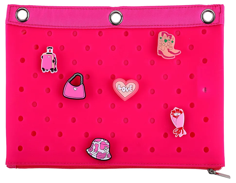Office Depot® Brand 3-Ring Silicone Pencil Pouch With Charms, 7" x 9-13/16", Pink