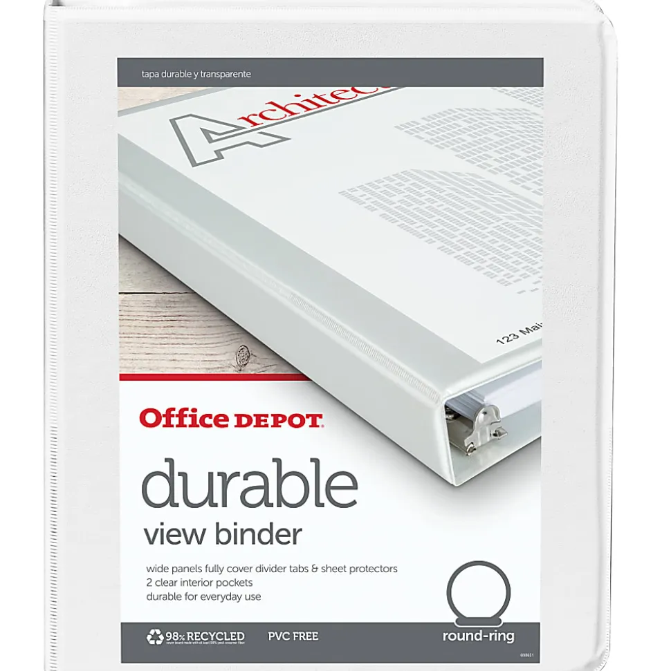 Office Depot® Brand 3-Ring 5-1/2" x 8-1/2" Durable View Binder, 1" Round Rings, White