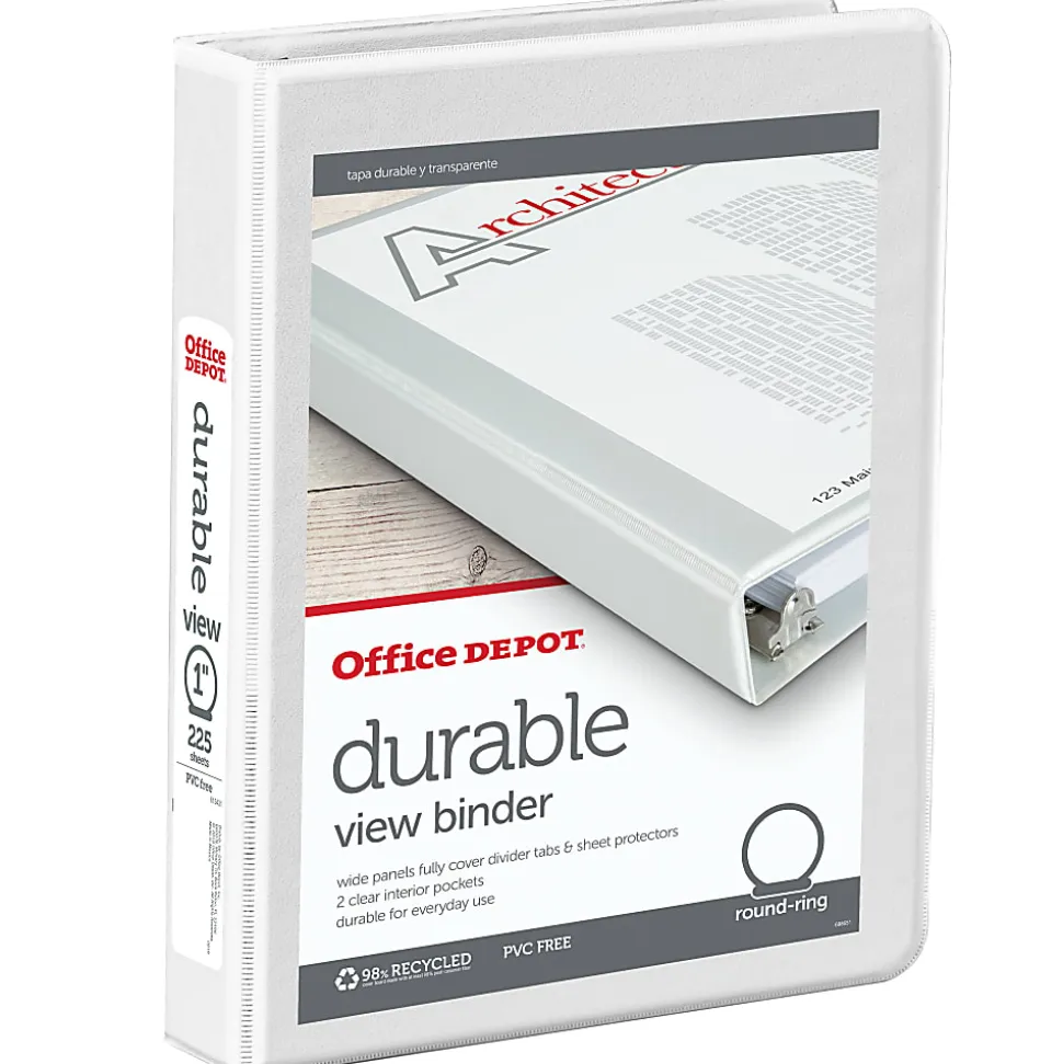 Office Depot® Brand 3-Ring 5-1/2" x 8-1/2" Durable View Binder, 1" Round Rings, White