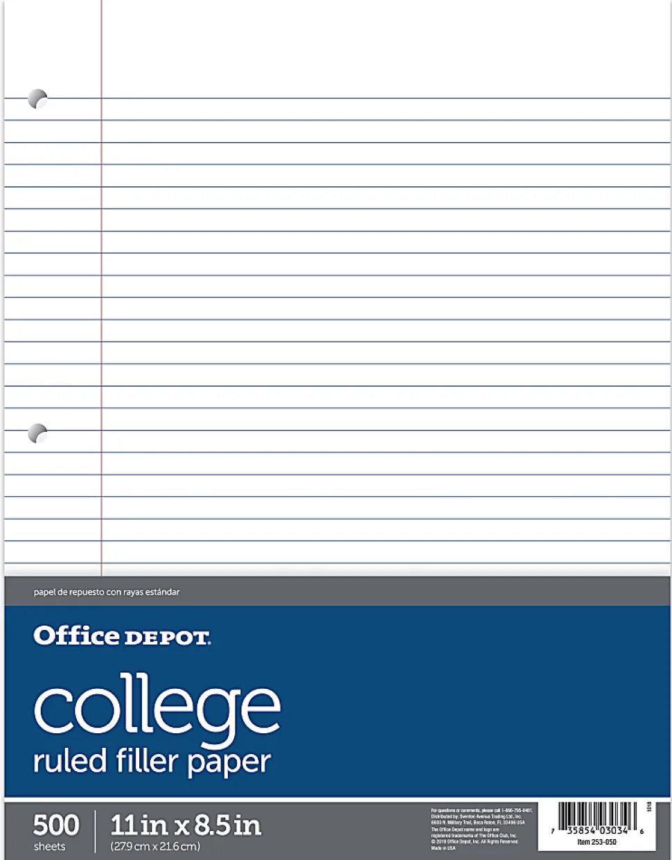 Office Depot® Brand Ruled Filler Paper, 8 1/2" x 11", College Ruled, White, Ream Of 500 Sheets