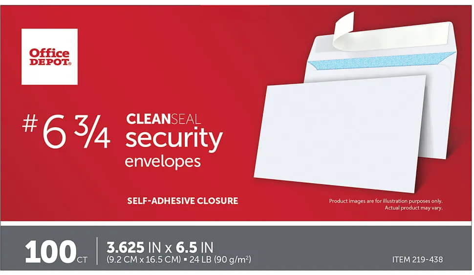 Office Depot® Brand #6 3/4 Security Envelopes, 3-5/8" x 6-1/2", Clean Seal, White, Box Of 100