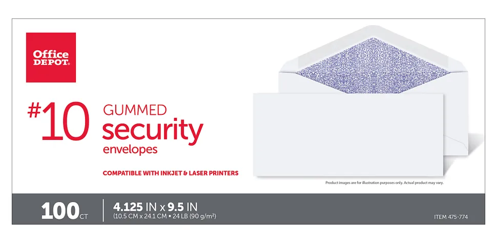Office Depot® Brand #10 Security Envelopes, 4-1/8" x 9-1/2", Gummed Heat Resistant Seal, White, Box Of 100