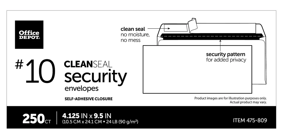 Office Depot® Brand #10 Security Envelopes, 4-1/8" x 9-1/2", Clean Seal, White, Box Of 250