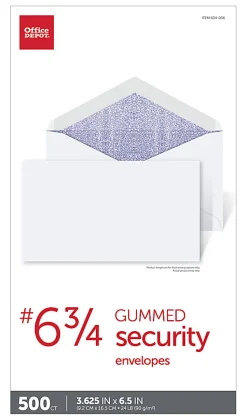 Office Depot® Brand #6 3/4 Security Envelopes, 3-5/8" x 6-1/2", Gummed Seal, White, Box Of 500