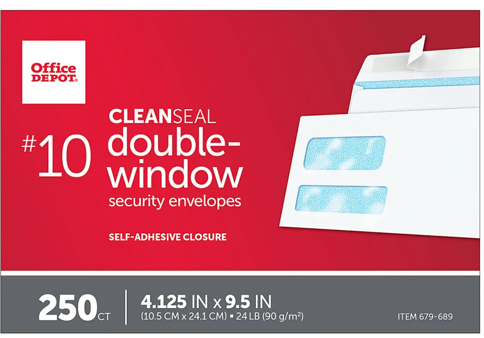 Office Depot® Brand #10 Security Envelopes, Double Window, 4-1/8" x 9-1/2", Clean Seal, White, Box Of 250
