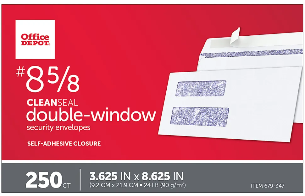 Office Depot® Brand #8 5/8 Security Envelopes, Double Window, 3-5/8" x 8-5/8", Clean Seal, White, Box Of 250