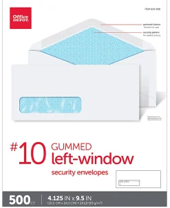 Office Depot® Brand #10 Security Envelopes, Left Window, 4-1/8" x 9-1/2", Gummed Seal, White, Box Of 500