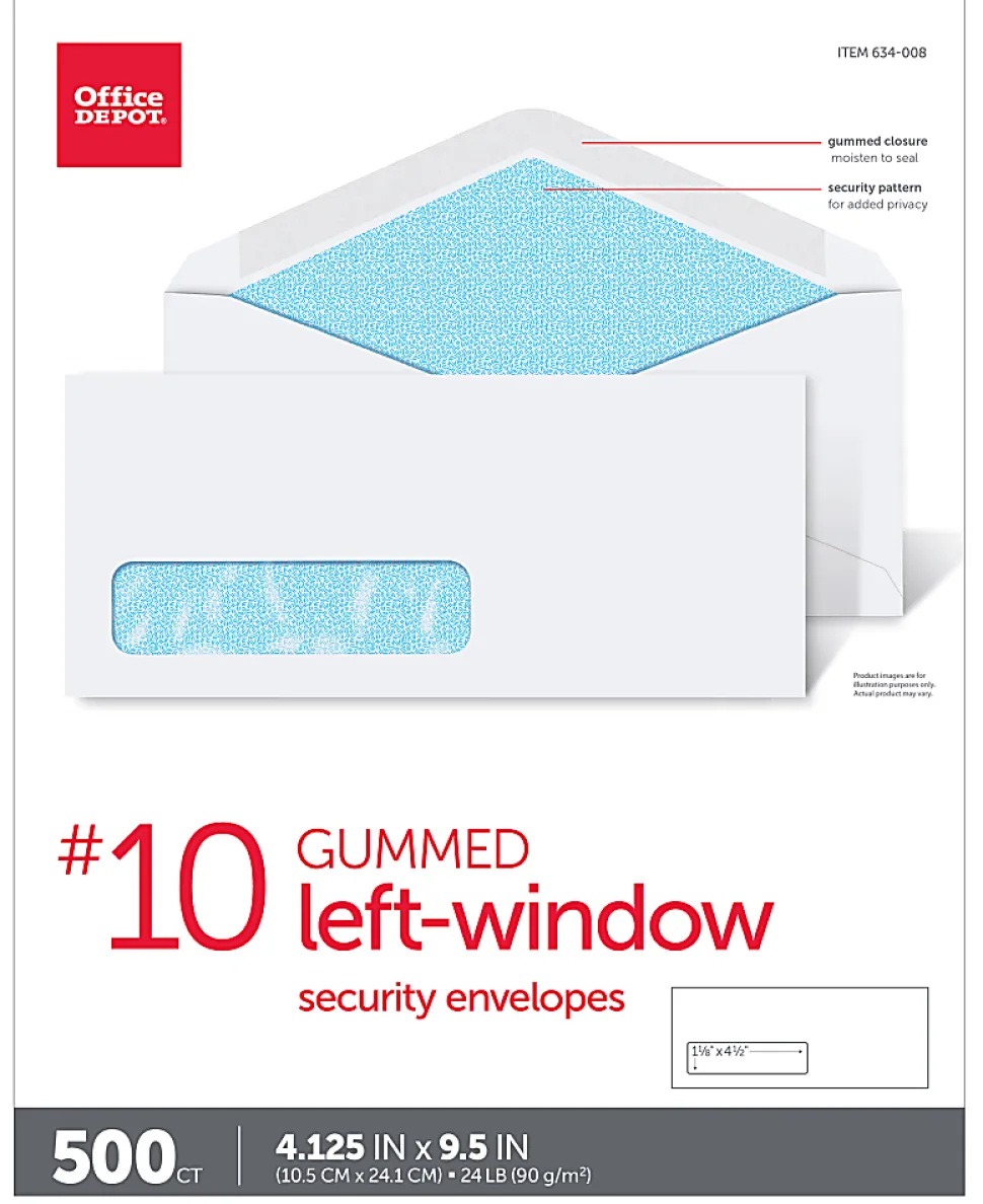 Office Depot® Brand #10 Security Envelopes, Left Window, 4-1/8" x 9-1/2", Gummed Seal, White, Box Of 500