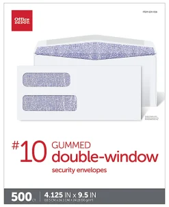 Office Depot® Brand #10 Security Envelopes, Double Window, 4-1/8" x 9-1/2", Gummed Seal, White, Box Of 500