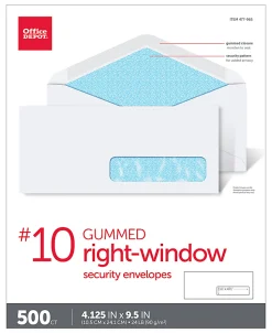 Office Depot® Brand #10 Security Envelopes, Right Window, 4-1/8" x 9-1/2", Gummed Seal, White, Box Of 500