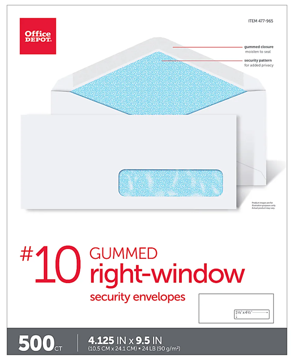Office Depot® Brand #10 Security Envelopes, Right Window, 4-1/8" x 9-1/2", Gummed Seal, White, Box Of 500