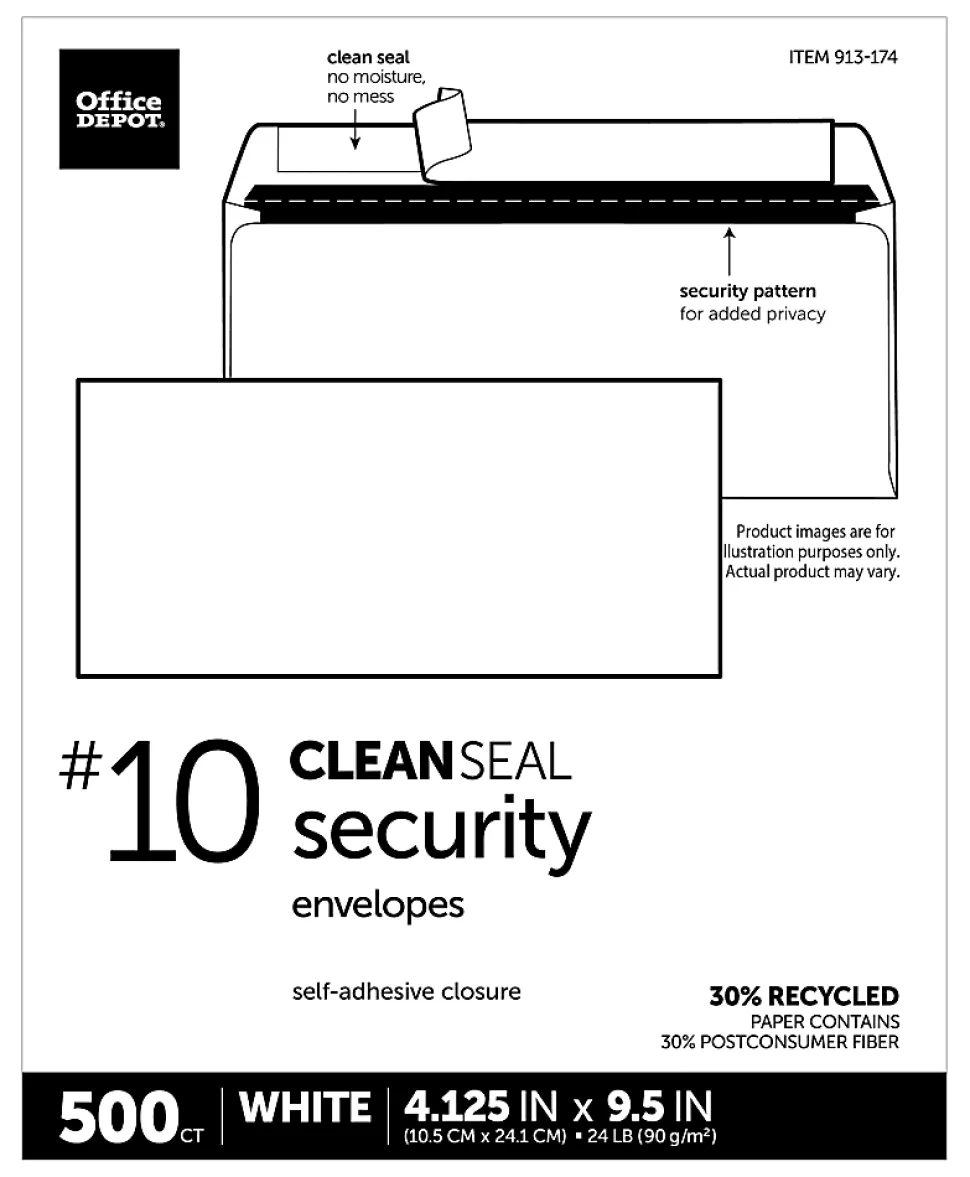 Office Depot® Brand #10 Security Envelopes, 4-1/8" x 9-1/2", Clean Seal, 30% Recycled, White, Box Of 500