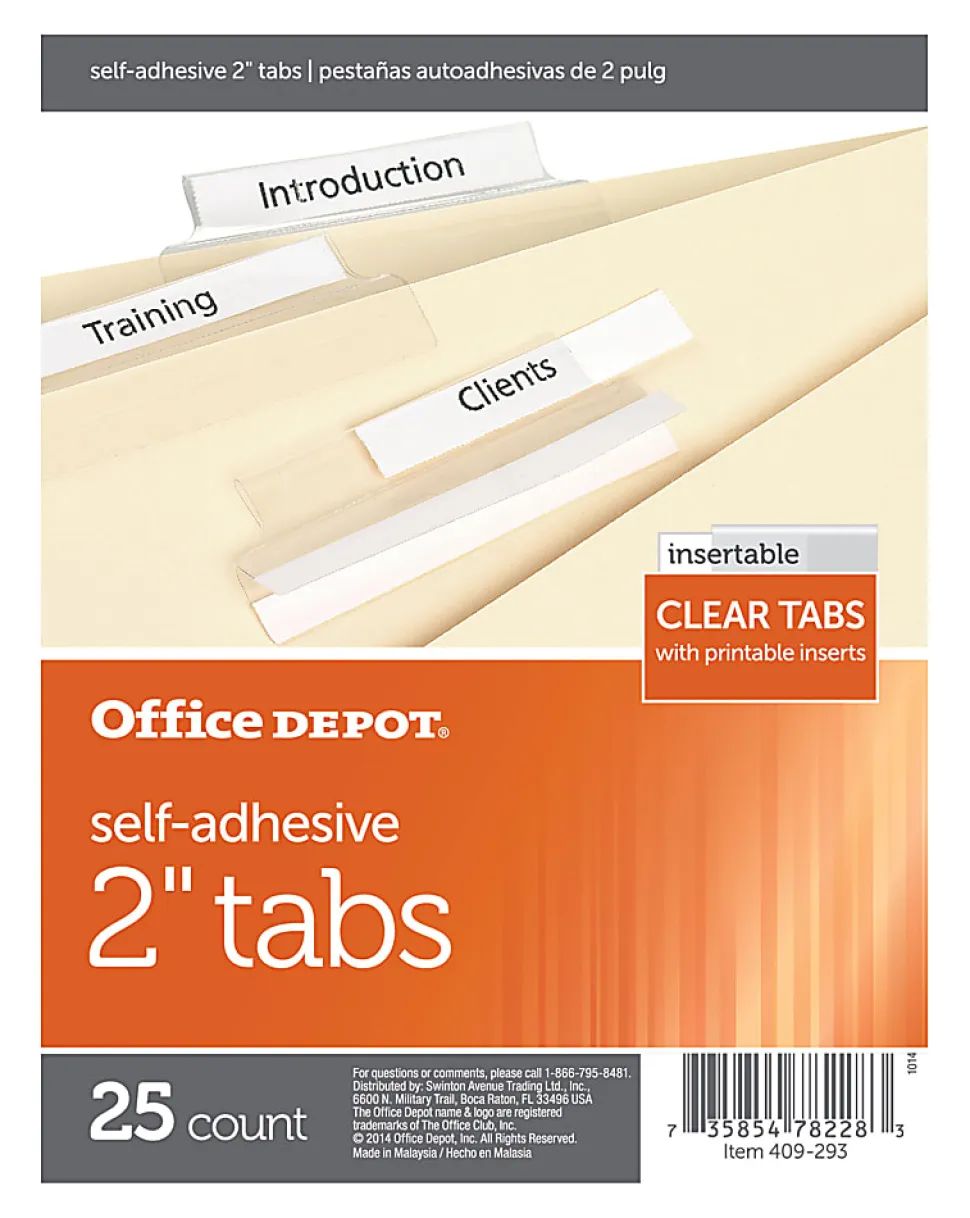 Office Depot® Brand Self-Adhesive Tabs With Printable Inserts, 2", Clear, Pack Of 25