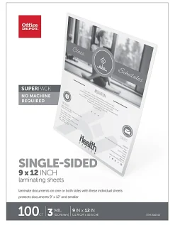 Office Depot® Brand Single-Sided Self-Sealing Laminating Sheets, 9" x 12", 3 Mil, Clear, Pack Of 100 Sheets