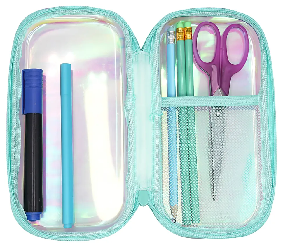 Office Depot® Brand Small Clear Pencil Case With Trim, 8-1/4" x 4-3/8", Iridescent With Blue Trim