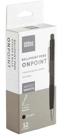 Office DepotĀ® Brand Soft-Grip Retractable Ballpoint Pens, Medium Point, 1.0 mm, Black Barrel, Black Ink, Pack Of 12
