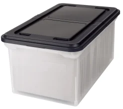 Office DepotĀ® Brand Stackable File Tote Box, Letter Size, 10-7/10"H x 22-4/5"D x 13-7/10"W, Clear/Black