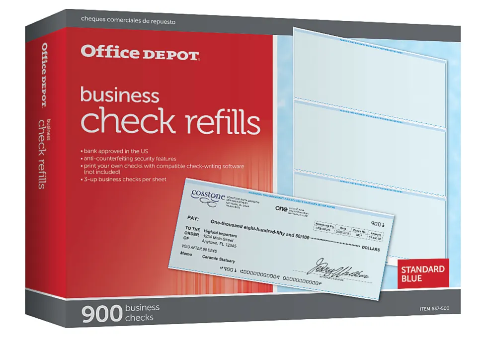 Office Depot® Brand Standard Blue Business Check Refills, Box Of 900