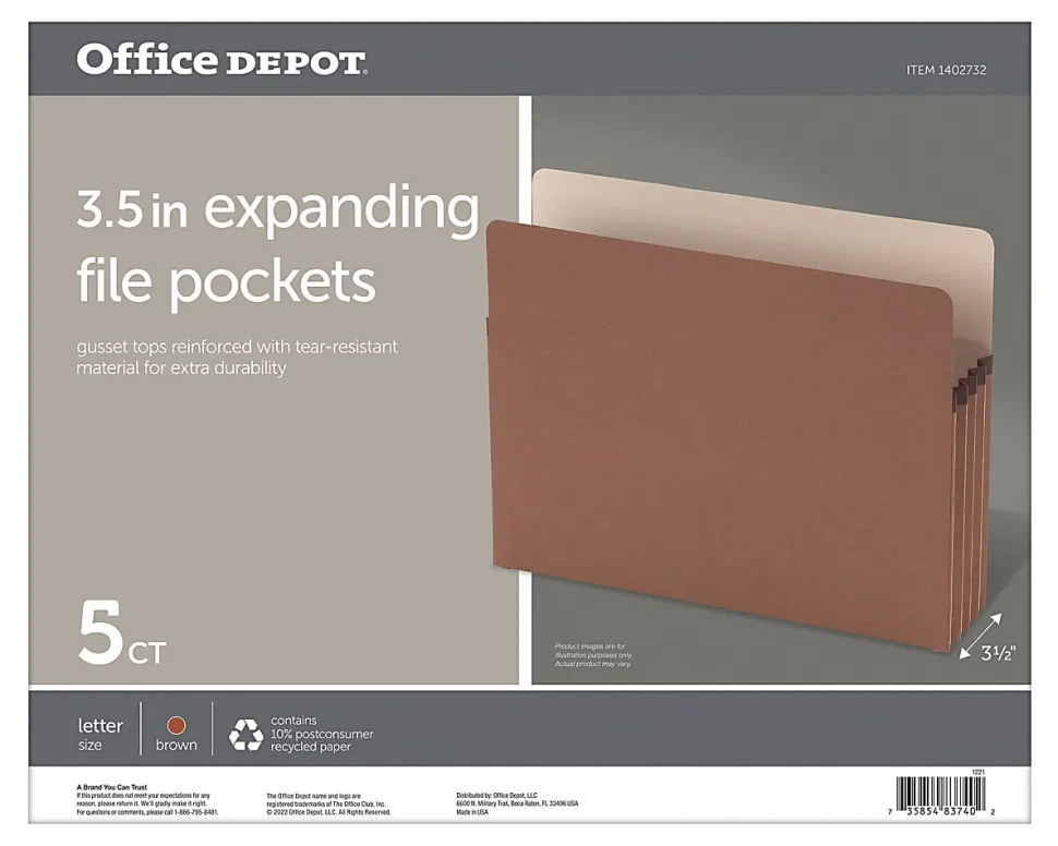 Office Depot® Brand Standard File Pocket, 3-1/2" Expansion, Letter Size, Brown
