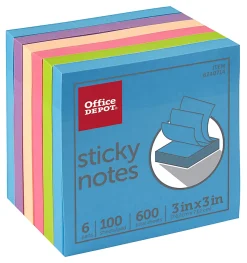 Office Depot® Brand Sticky Notes, 3" x 3", Assorted Neon Colors, 100 Sheets Per Pad, Pack Of 6 Pads, 21332BRIGHT6PKST