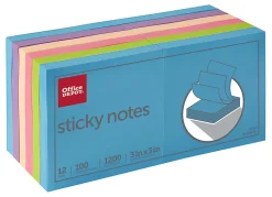 Office Depot® Brand Sticky Notes, 3" x 3", Assorted Neon Colors, 100 Sheets Per Pad, Pack Of 12 Pads, 21332-BRIGHT-12PK