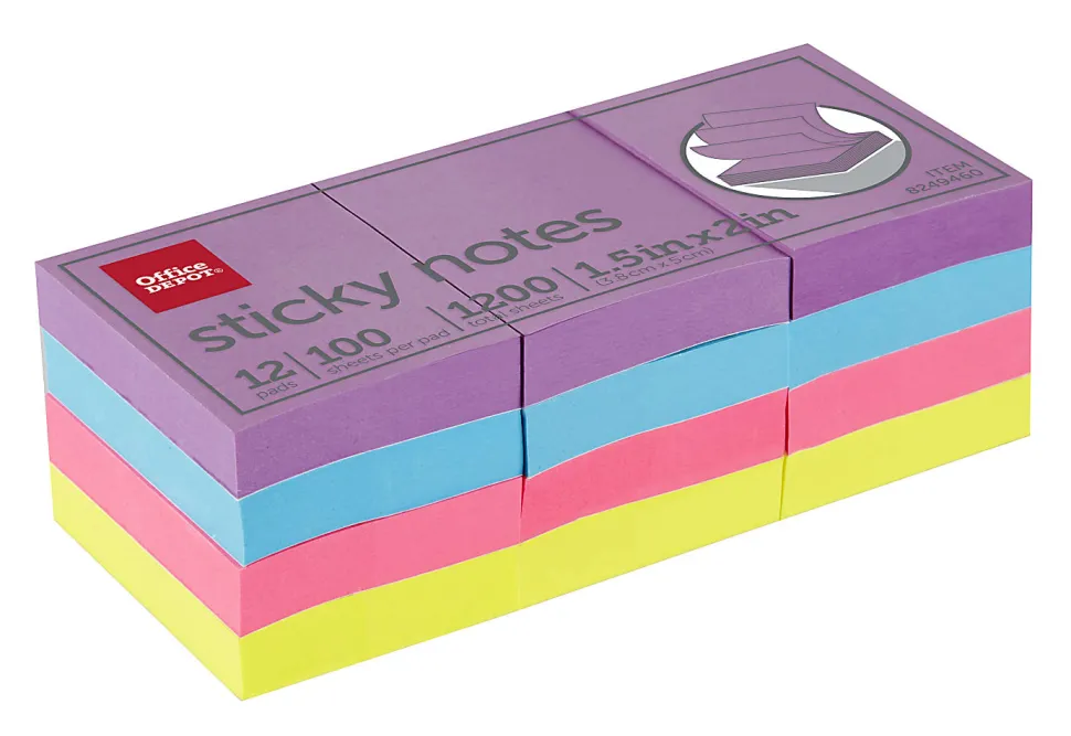Office Depot® Brand Sticky Notes, 1-1/2" x 2", Assorted Vivid Colors, 100 Sheets Per Pad, Pack Of 12 Pads