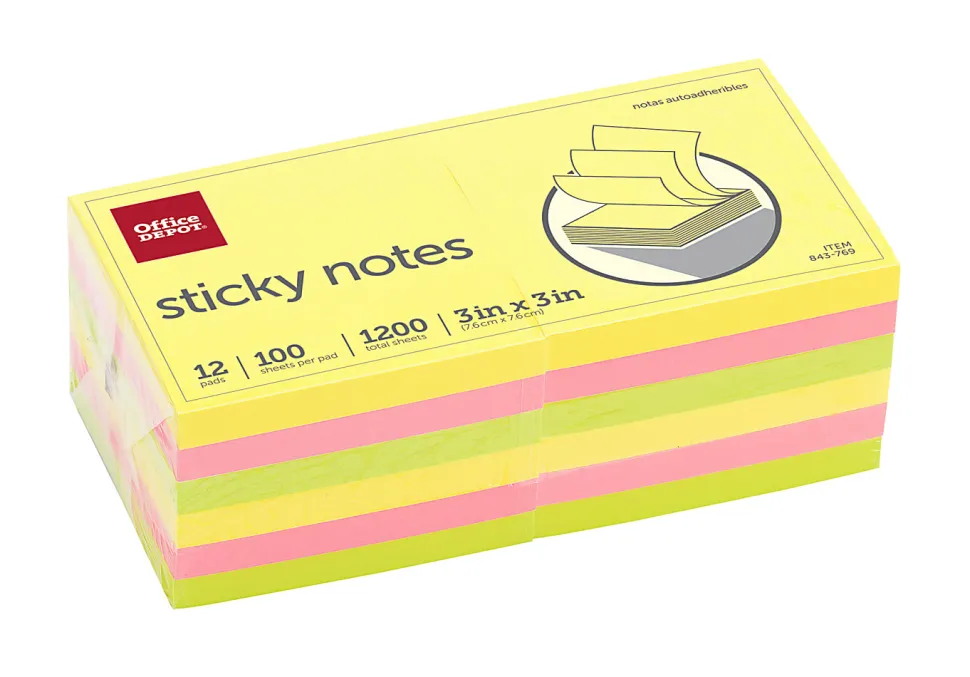 Office Depot® Brand Sticky Notes, 3" x 3", Assorted Neon Colors, 100 Sheets Per Pad, Pack Of 12 Pads, 21332-BRIGHT