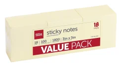 Office Depot® Brand Sticky Notes Value Pack, 3" x 3", Yellow, 100 Sheets Per Pad, Pack Of 18 Pads