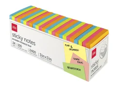 Office Depot® Brand Sticky Notes, With Storage Tray, 3" x 3", Assorted Neon Colors, 100 Sheets Per Pad, Pack Of 24 Pads