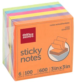 Office Depot® Brand Sticky Notes, 3" x 3", Assorted Vivid Colors, 100 Sheets Per Pad, Pack Of 6 Pads