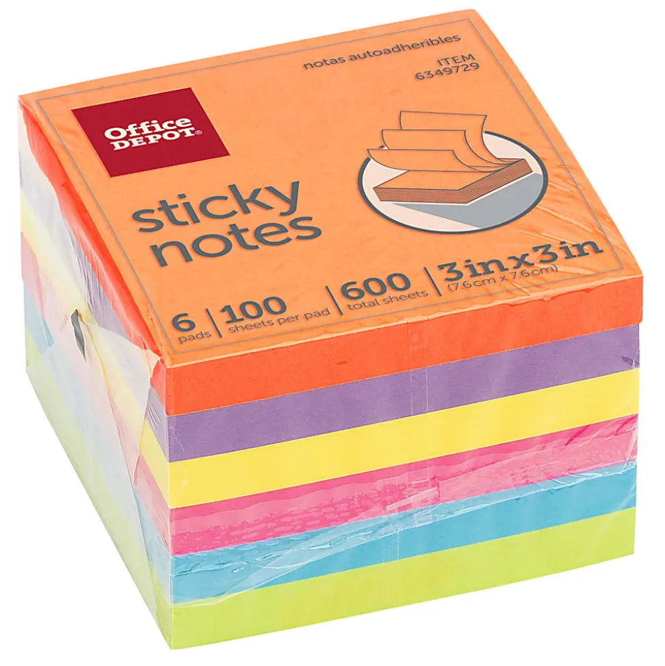 Office Depot® Brand Sticky Notes, 3" x 3", Assorted Vivid Colors, 100 Sheets Per Pad, Pack Of 6 Pads
