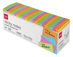 Office Depot® Brand Sticky Notes, With Storage Tray, 3" x 3", Assorted Vivid Colors, 100 Sheets Per Pad, Pack Of 24 Pads