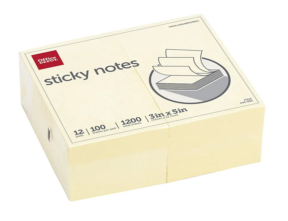 Office Depot® Brand Sticky Notes, 3" x 5", Yellow, 100 Sheets Per Pad, Pack Of 12 Pads