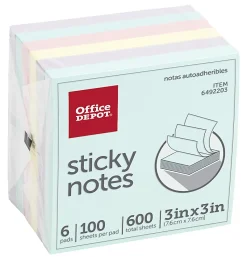 Office DepotĀ® Brand Sticky Notes, 3" x 3", Assorted Pastel Colors, 100 Sheets Per Pad, Pack Of 6 Pads