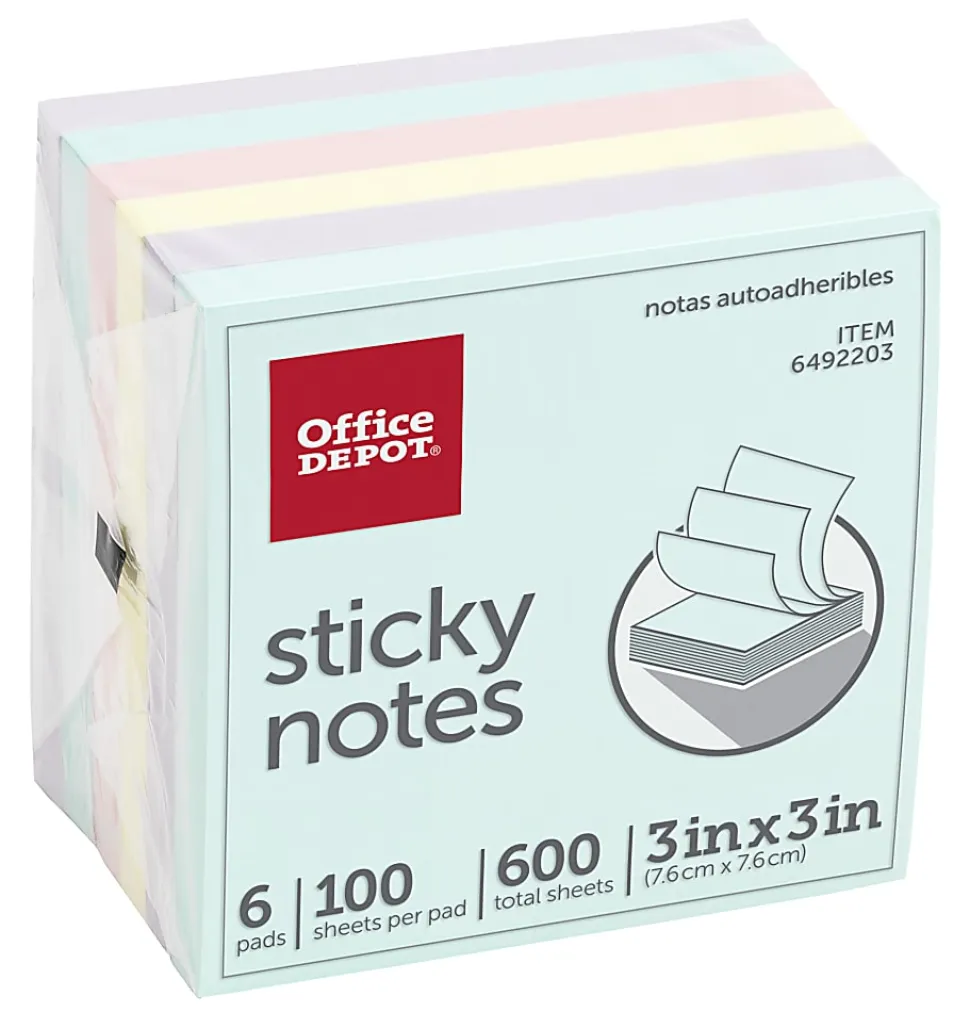 Office Depot® Brand Sticky Notes, 3" x 3", Assorted Pastel Colors, 100 Sheets Per Pad, Pack Of 6 Pads