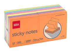 Office Depot® Brand Sticky Notes, 3" x 3", Assorted Vivid Colors, 100 Sheets Per Pad, Pack Of 12 Pads