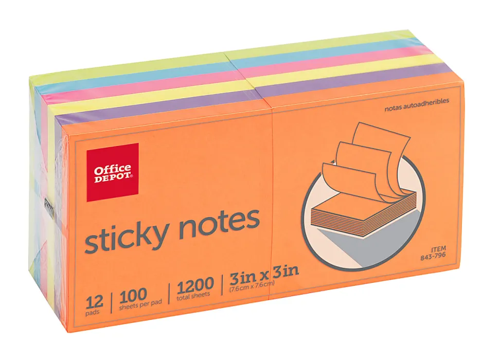 Office Depot® Brand Sticky Notes, 3" x 3", Assorted Vivid Colors, 100 Sheets Per Pad, Pack Of 12 Pads