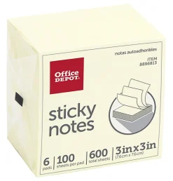 Office DepotĀ® Brand Sticky Notes, 3" x 3", Pastel Yellow, 100 Sheets Per Pad, Pack Of 6 Pads